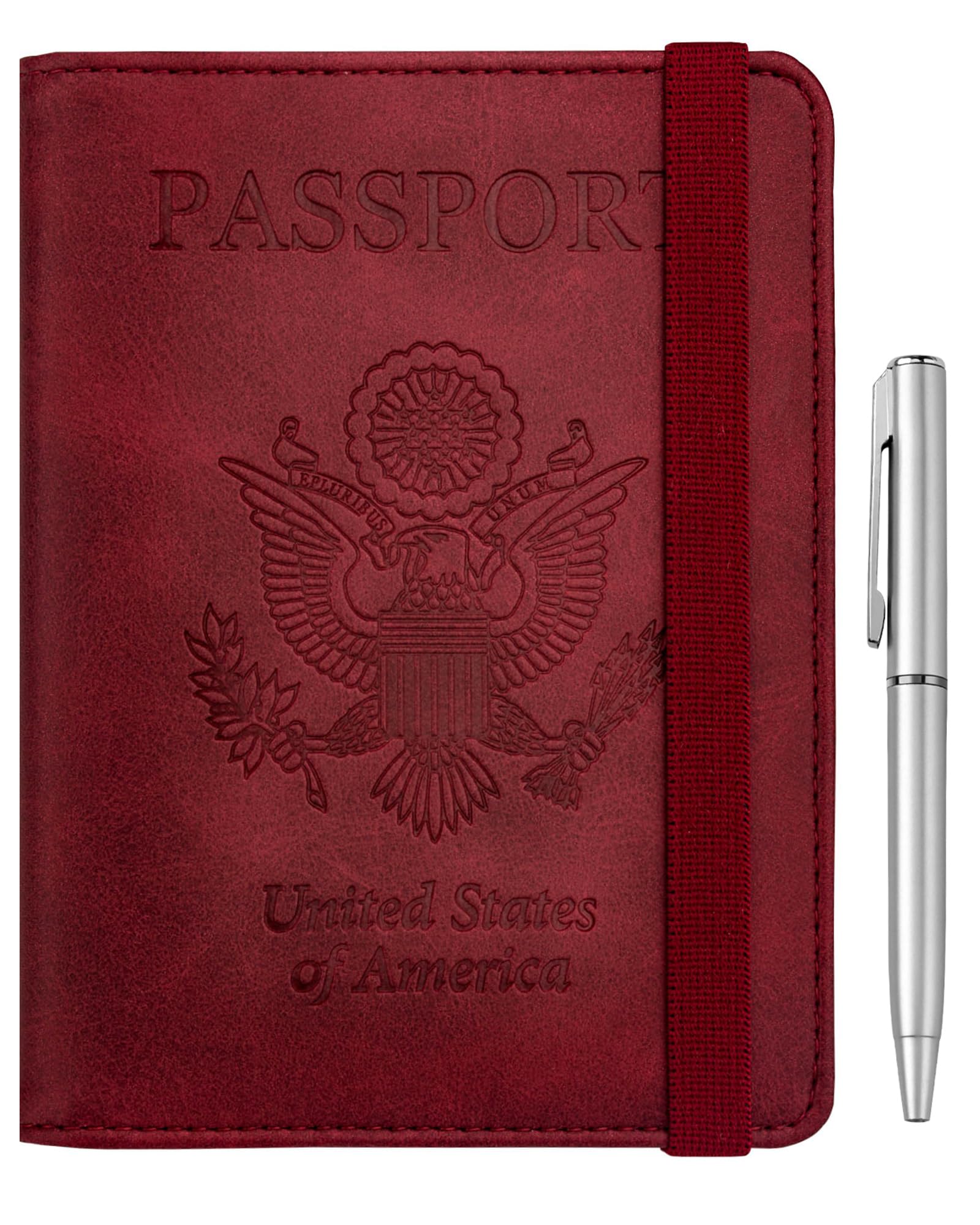 WALNEW Passport Holder for Travel, RFID Passport Cover Wallet for Women Men, PU Leather Passport Book Card Holder Case with Pen, Travelling Essentials for Flying, A-Red, OneSize, Elastic Band Closure