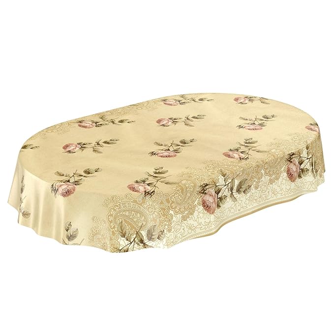 ANRO Tischdecke Wachstischdecke Wachstuch Wachstuchtischdecke Beige Rose Blumenmotiv Oval 140x200cm eingefasst