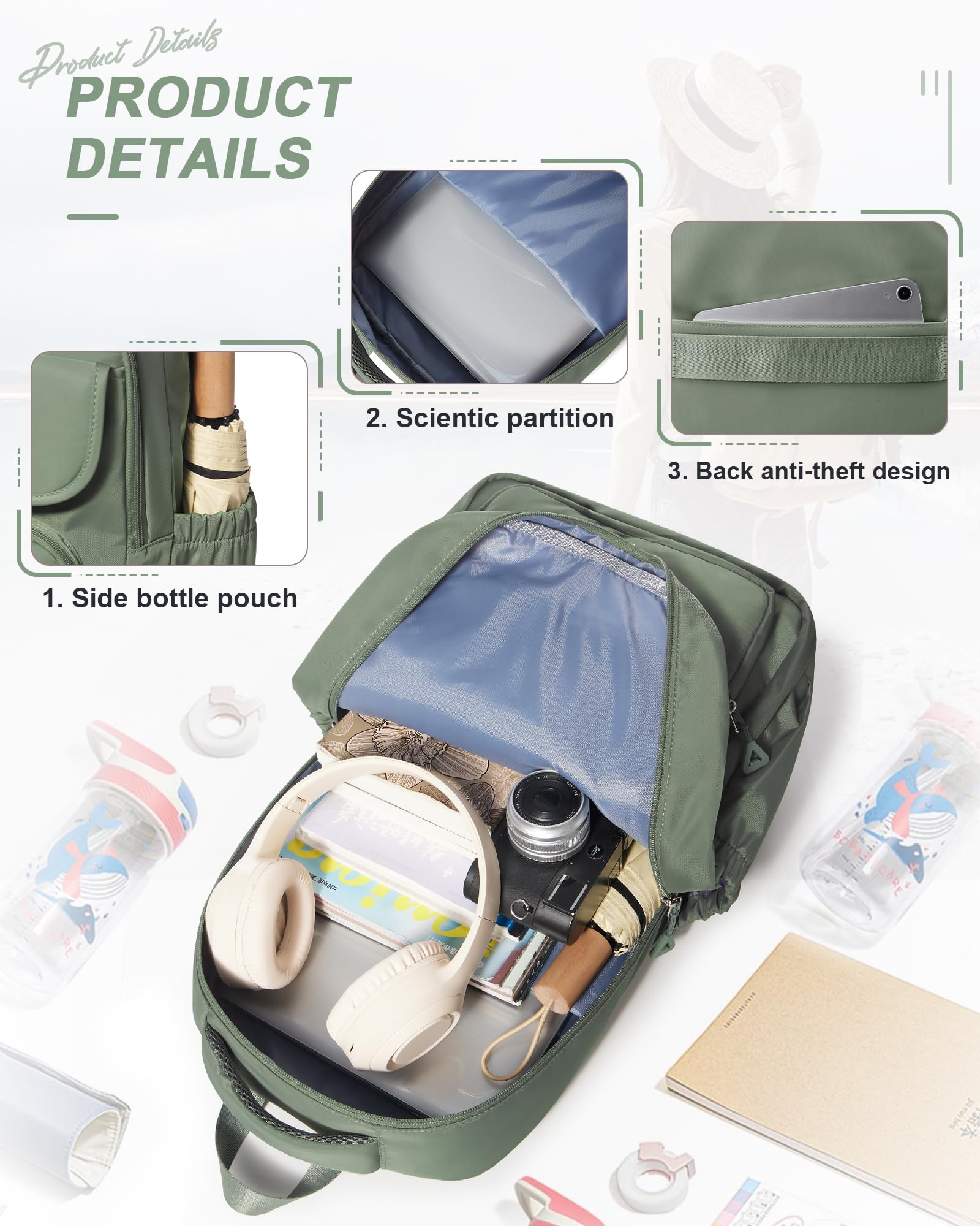 School Backpack for Women Men, Waterproof Backpacks for Girls 15.6 Laptop Multifunction Casual Daypack, Basic College Backpack School Bookbag Mochilas Escolares para Niñas, Green
