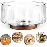NiHome Extra Large Glass Salad Bowl with Natural Acacia Wood Base, Ribbed Design Oversized Capacity for Family Dinners, Parties, Multipurpose for Serving Salads, Fruits, Wine(Separate-Piece Design)