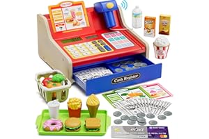 Wee Wonders Wooden Cash Register for Kids with Real Calculator, Rechargeable Cash Register Toy with Scanner/Play Money/Food/Credit Card/Menu, Pretend Play Toys Gifts for Boys Girls Ages 3-8, Blue