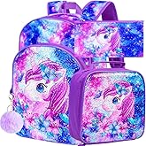 KLFVB 3PCS Unicorn Mermaid Backpack for Girls, 16" Sequin Kids Bookbag and Lunch Box, Preschool Backpacks for Elementary