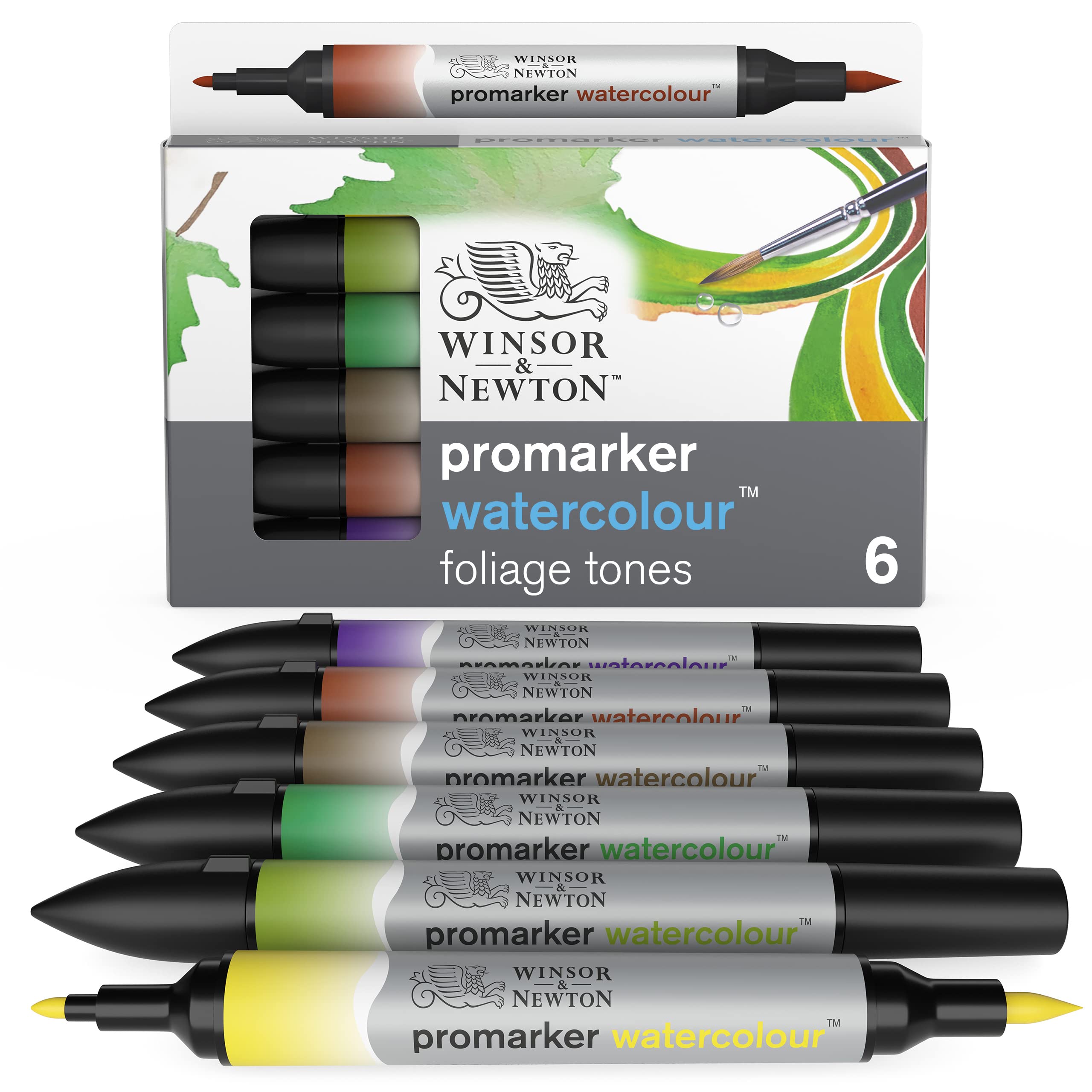 Winsor & Newton 0290169 Watercolour Foliage Tones Marker Set, Cadmium Yellow Hue/Sap Green/Hooker's Green/Raw Umber/Burnt Red/Dioxazine Violet