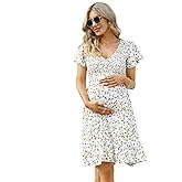 Coolmee Women's Maternity Short Sleeve Ruffle Dress V Neck Summer Casual Smocked Flowy Midi Dress for Baby Shower Photoshoot