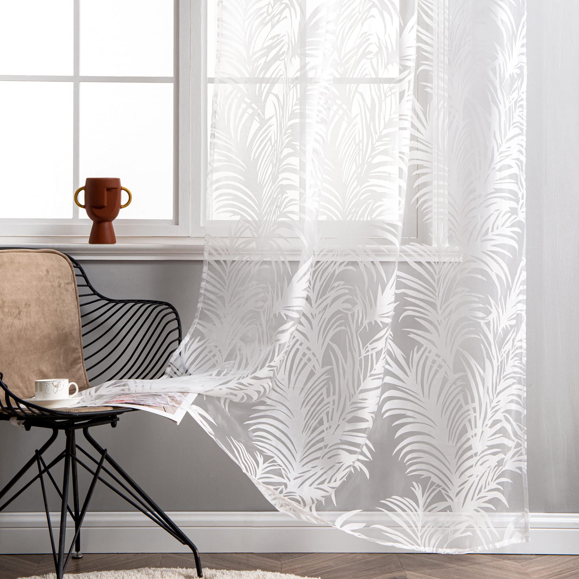 Delien Voile Burnout Curtain with Leaves Pattern, Transparent Curtain with Ruffle Tape, Living Room Curtain Shawls W x H 140 x 260 cm, White, Pack of 1