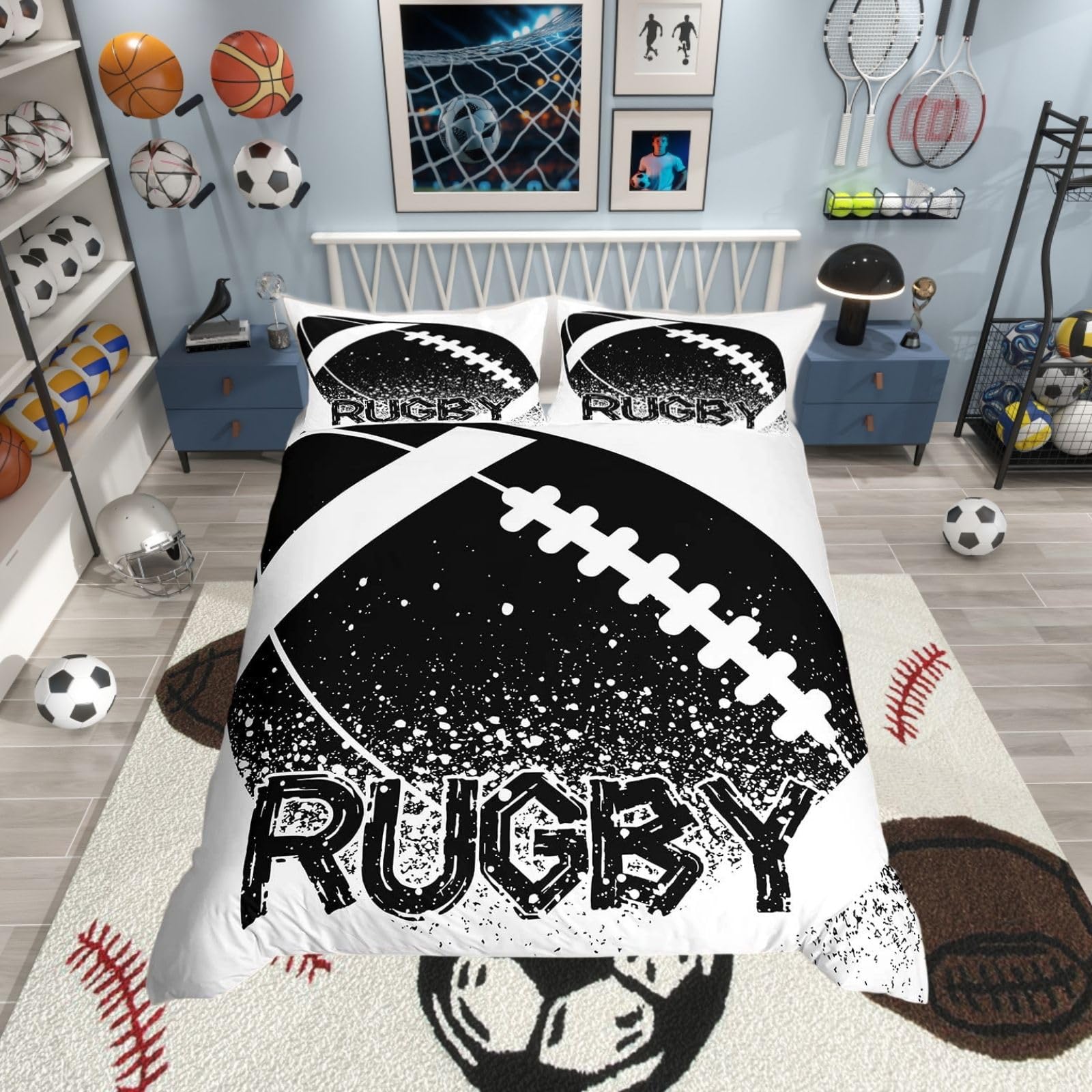 Homewish Rugby Duvet Cover Double Size Boys Ball Game Bedding Set Sports Game Black And White Comforter Cover Football Hobby Activity Bed Set European Sport Competitive Games Room Decor