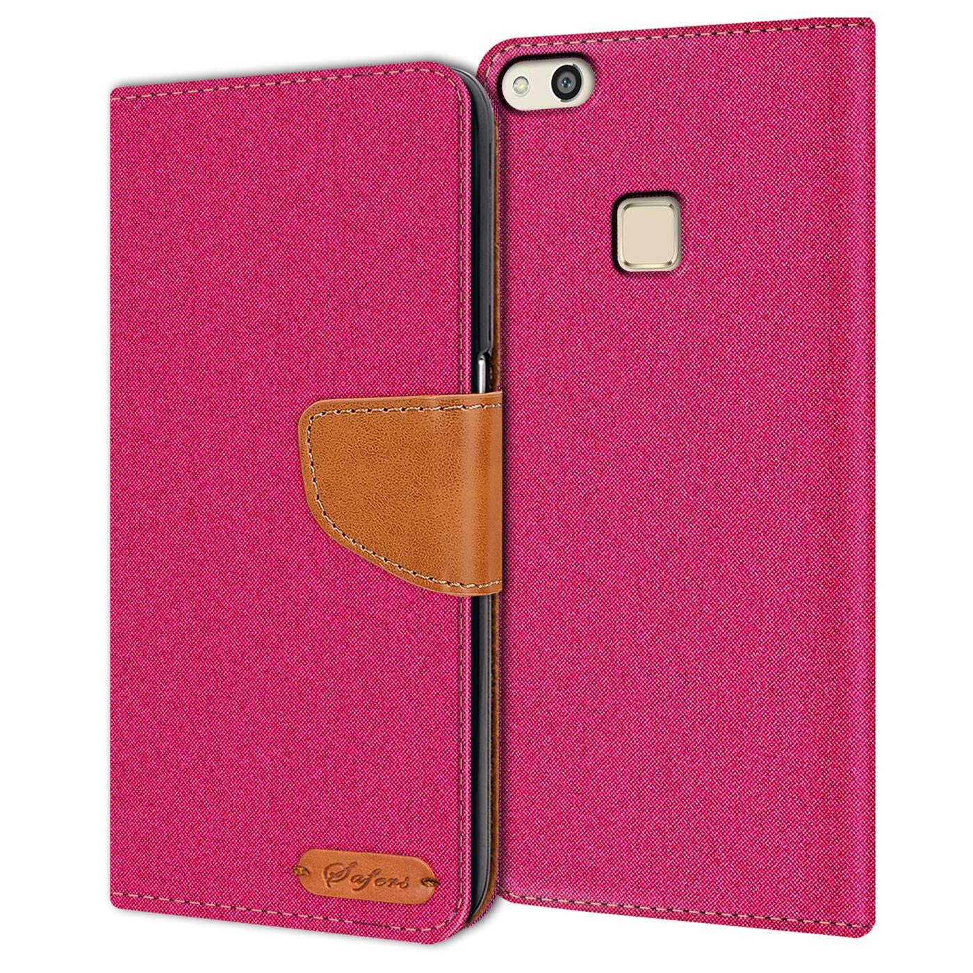 Verco Phone Wallet Case compatible with the Huawei P10 Lite, Canvas Faux Leather Book Cover for the P10 Lite Flip Case Bag Hinged - Pink