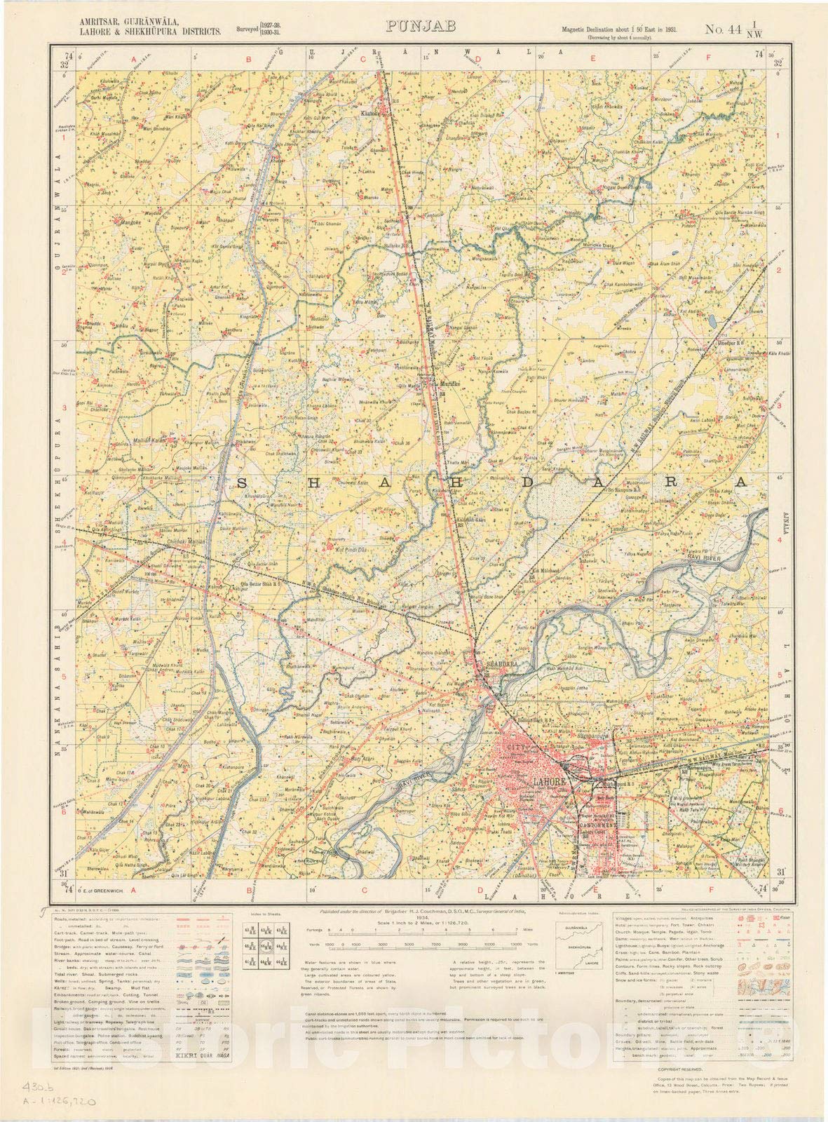 Historic Pictoric Map : Amritsar, Gujranwala, Lahore & Shekhupura Districts, Punjab, No. 44 I/N.W. 1