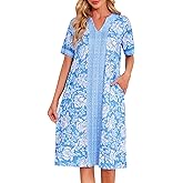 Moo Moos Nightgown for Women with Pockets Casual Floral Print House Dress Short Sleeve Mumu Lounge Dresses S-3XL