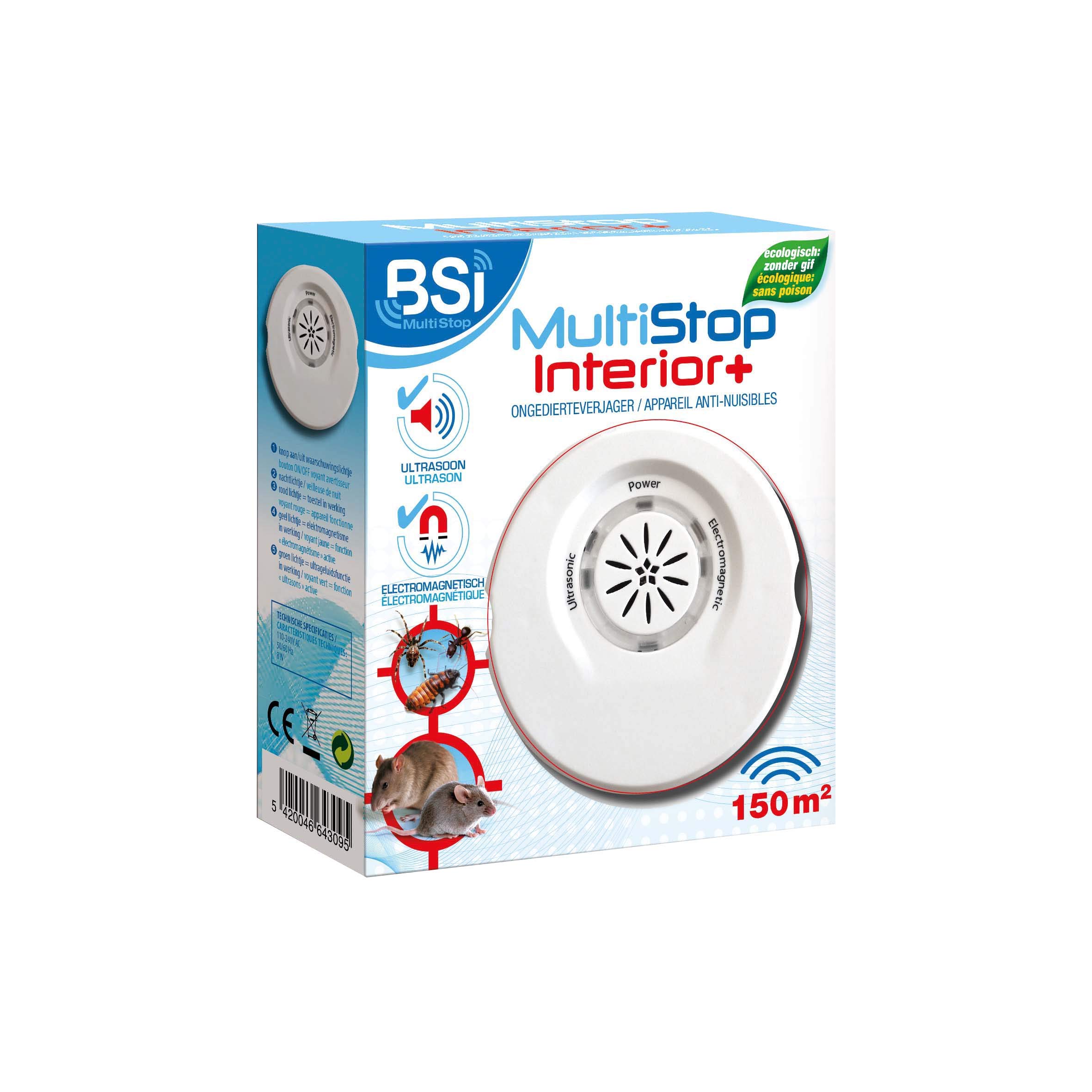 BSI - Ultrasonic & Electromagnetic Repellent - Against Insects & Rodents - Covers Indoor Area Up To 150m² - Suitable For Tiger Mosquitoes, White