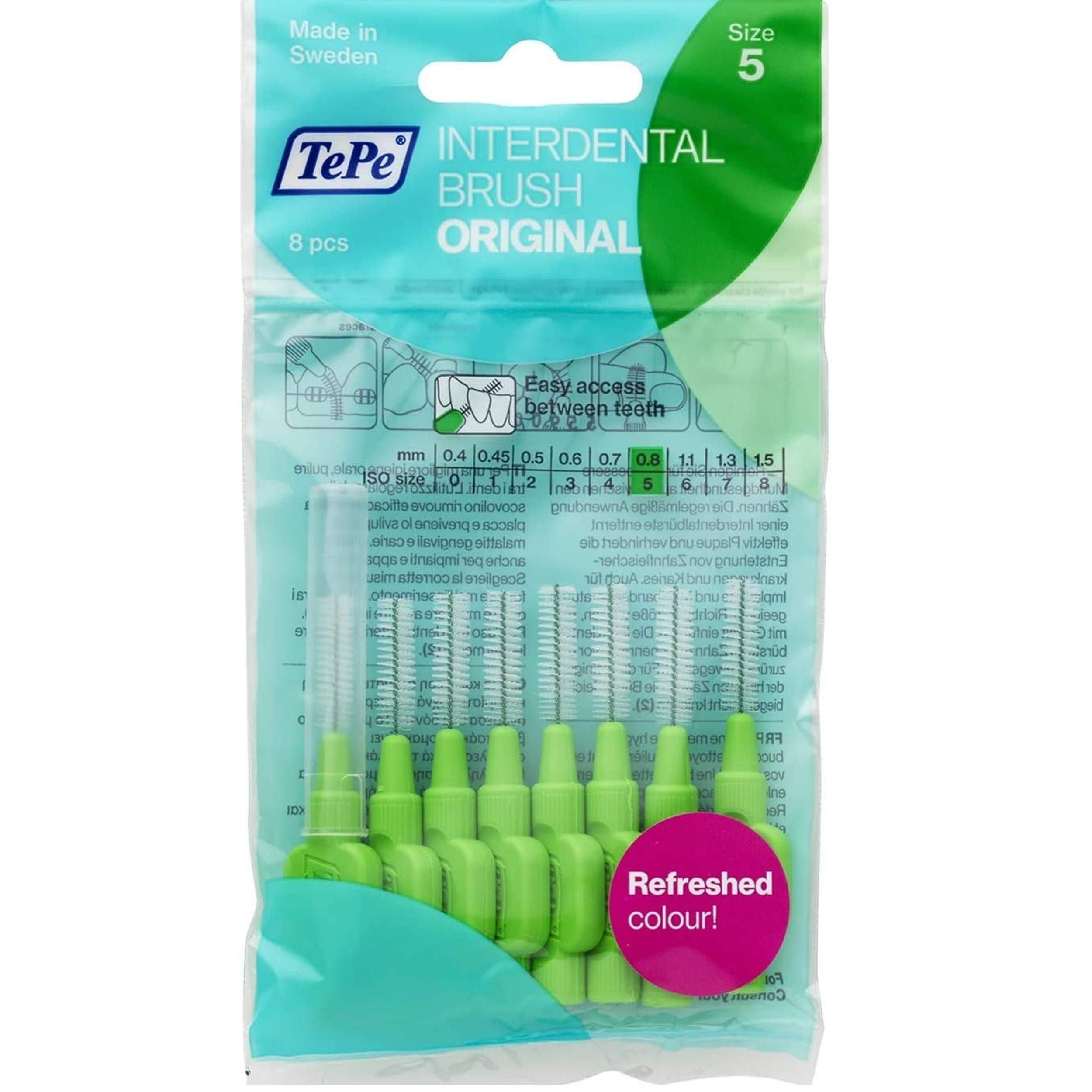 Green TePe Interdental Brushes 0.8 mm - 5 Packets of 8 (40 Brushes) by Tepe