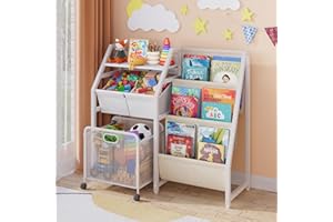 Kids Bookshelf and Toy Storage Organizer - 3 Tier Book Shelf for Rooms with Movable Drawer, Kids Bookcase with 2 Toy Bins, To