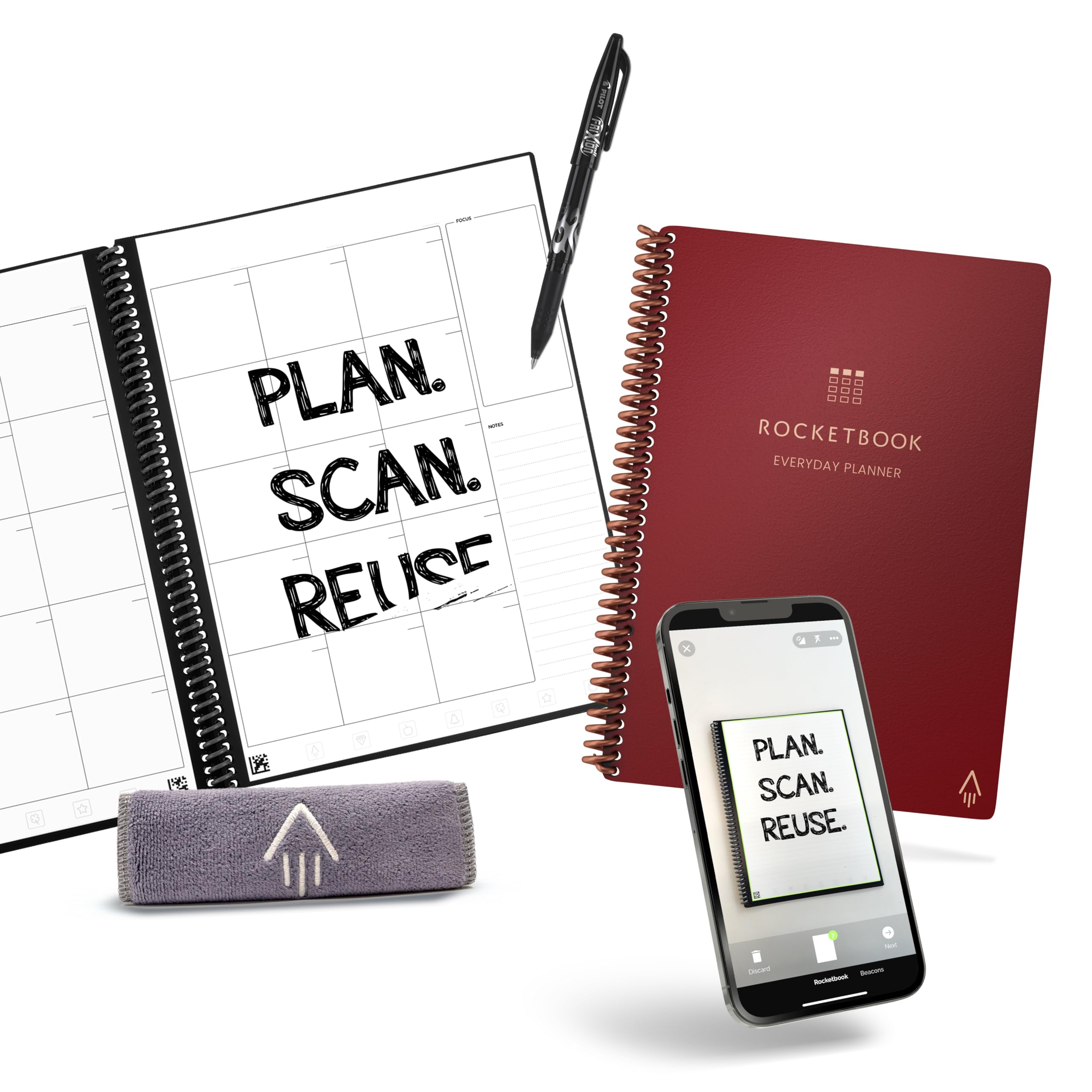 Rocketbook Smart Reusable Everyday Planner. Week, Month, Annual, To-Do List, Goal Templates. Journal and Notebook Pages. Undated Organizer, 6" x 8.8" Executive Size with Pen and Cloth, Maroon