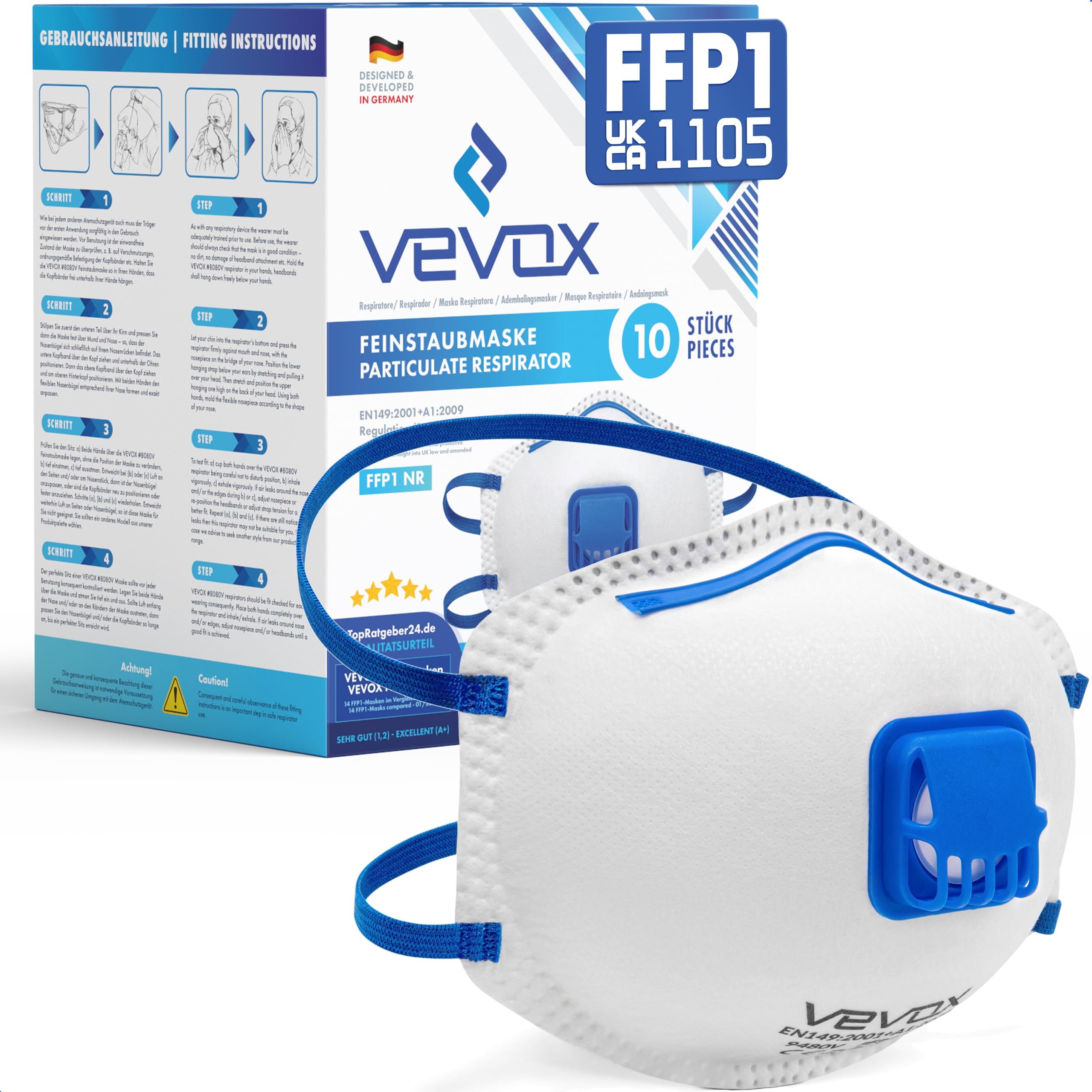 VEVOX® FFP1 Dust Mask - Set of 10 - Valved Face Masks - Respirator - Protection e.g. for Construction, Building Work, Sanding, Woodworking, Fine Dusts, Aersoles or Particles