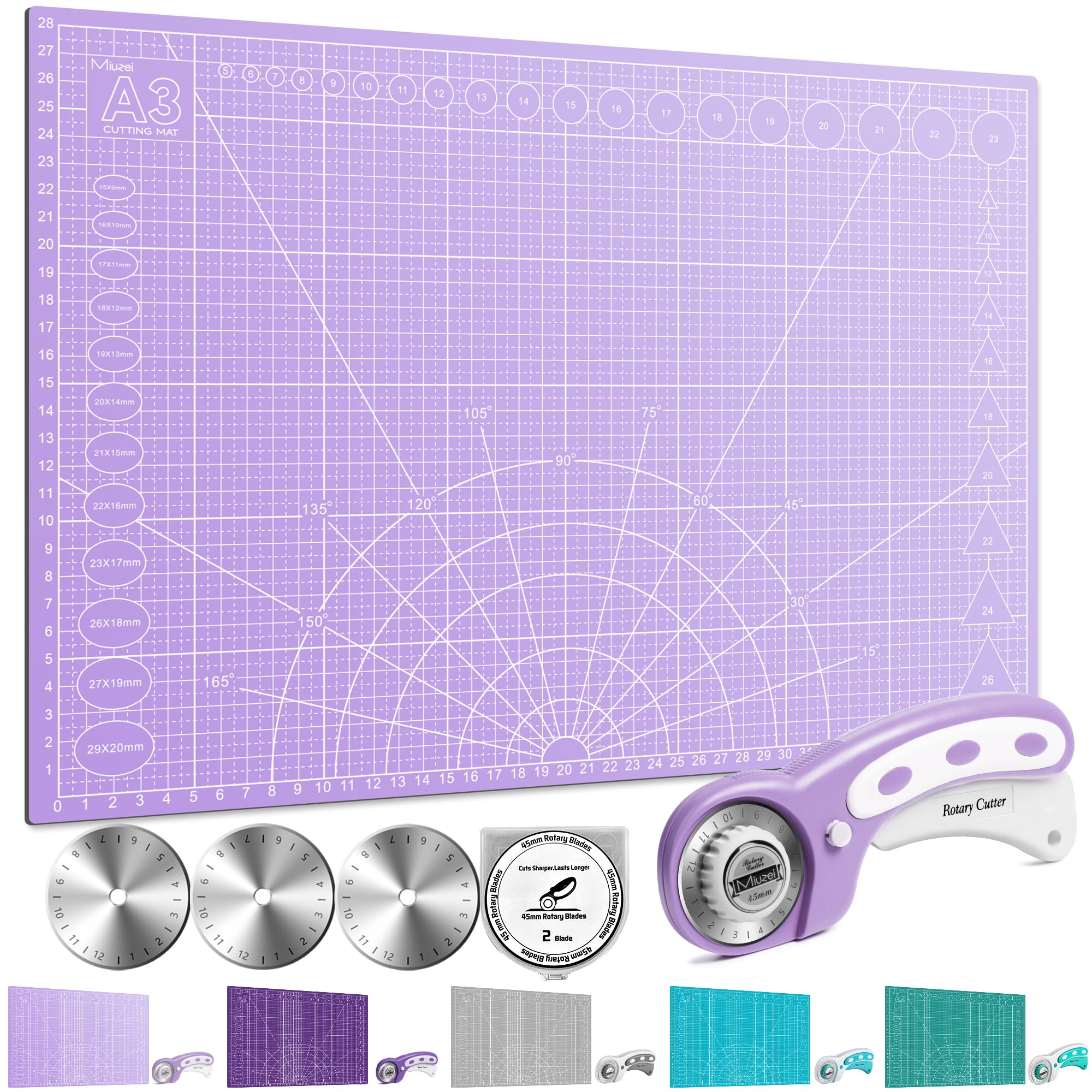 Miuzei Rotary Cutter Set: A3 Cutting Mat, 45mm Fabric Cutter, Self-Healing Craft Mat, Quilting Kit, Suitable for Cutting Fabric, Sewing, Leather and Paper Purple