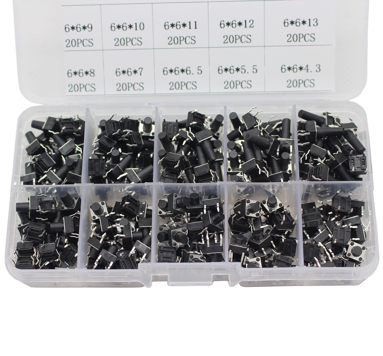 Tactile Push Button Switch Micro Momentary Tact Assortment Kit-200 pcs 10 Value 6 MMX 6mm 4 Pin Micro Switches