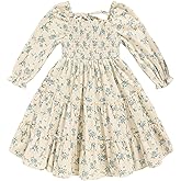 Toddler Girl Dress Long Sleeve Baby Floral Smocked Square Neck Playwear Dress | Spring Fall Casual Dresses 1-6Y