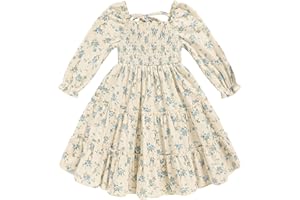 SINHOON Toddler Girl Dress Long Sleeve Baby Floral Smocked Square Neck Playwear Dress | Spring Fall Casual Dresses 1-6Y