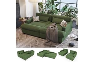 Ribilake Cozy Oversized Double Chaise Lounge Chair Indoor with Dual Cup Holders, 84 Inch Fluffy Comfy Oversized Loveseat Couch, Plush Corduroy Sleeper Sofa Bed for Living Room, Bedroom, Green