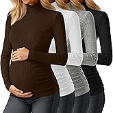 Sweetyweee 4 Pack Women's Maternity Turtleneck Shirts, Pregnancy Ribbed Long Sleeve Tops Casual Cotton Side Ruched Sweaters