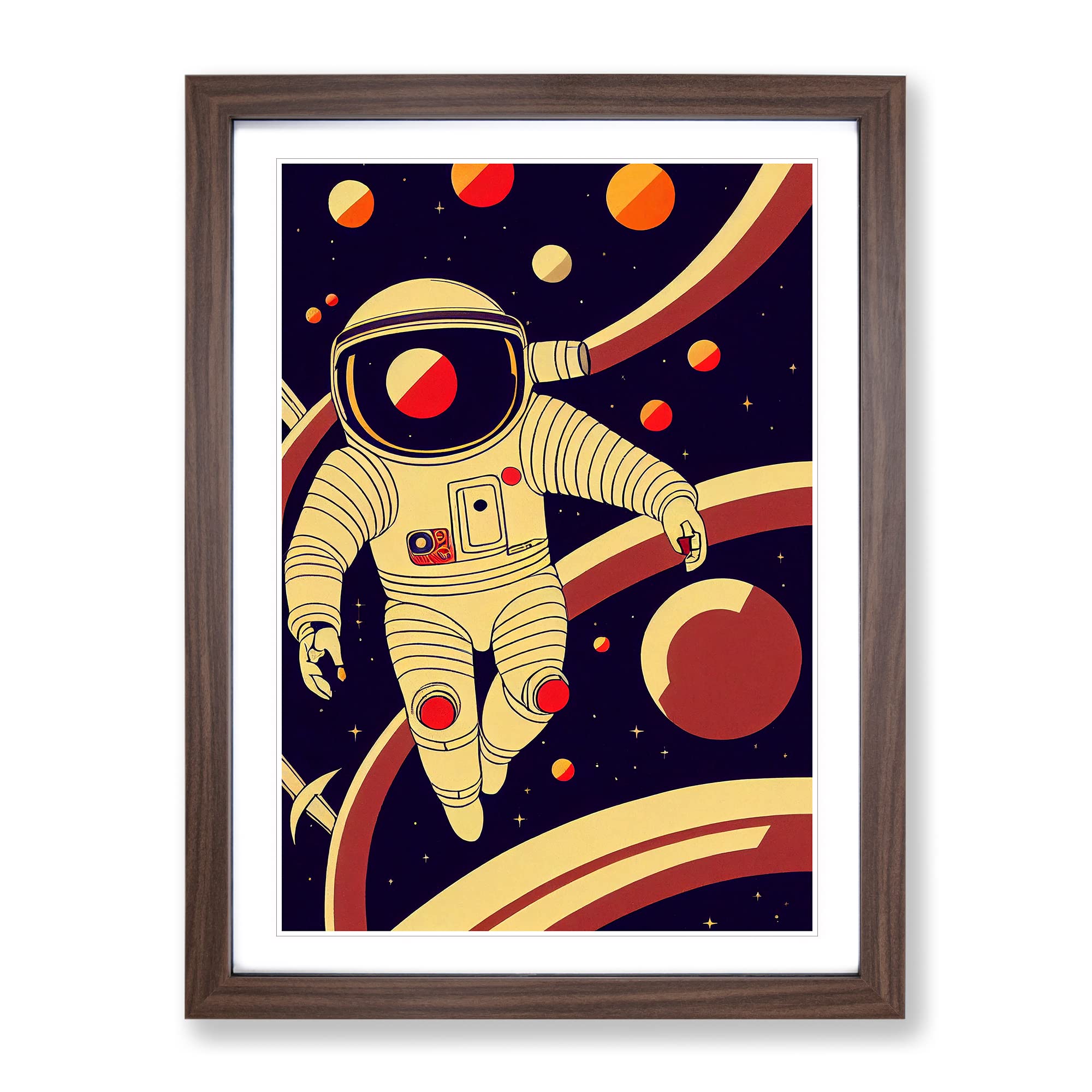 Retro Astronaut No.1 Framed Print | A4 Walnut Framed Wall Art | Ready to Hang | Retro Space Picture | Living Room Bedroom Lounge Office