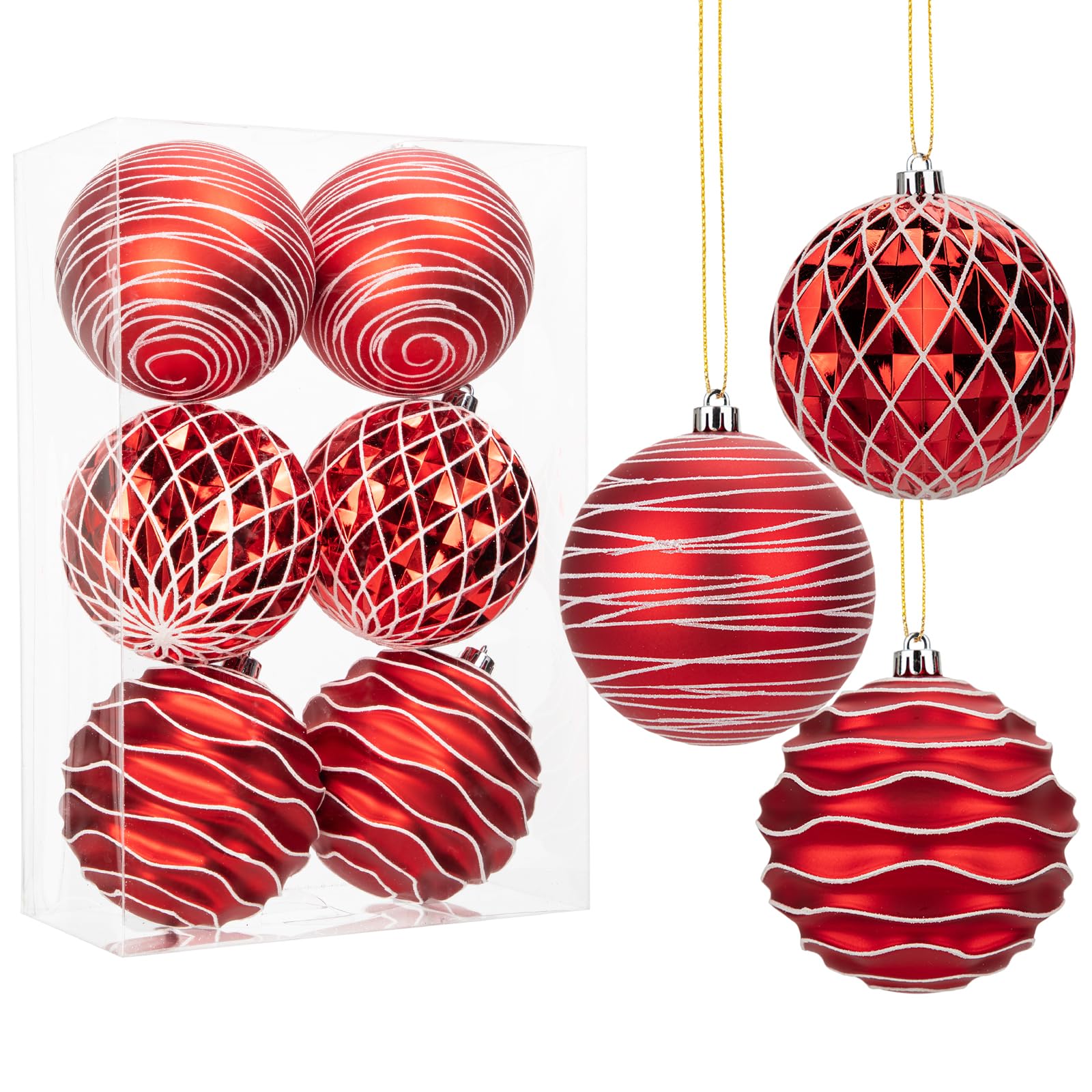 Hollyone Large Christmas Baubles, 6PCS Red & White Baubles for Christmas Tree Decorations, Giant Xmas Balls Hanging Ornaments