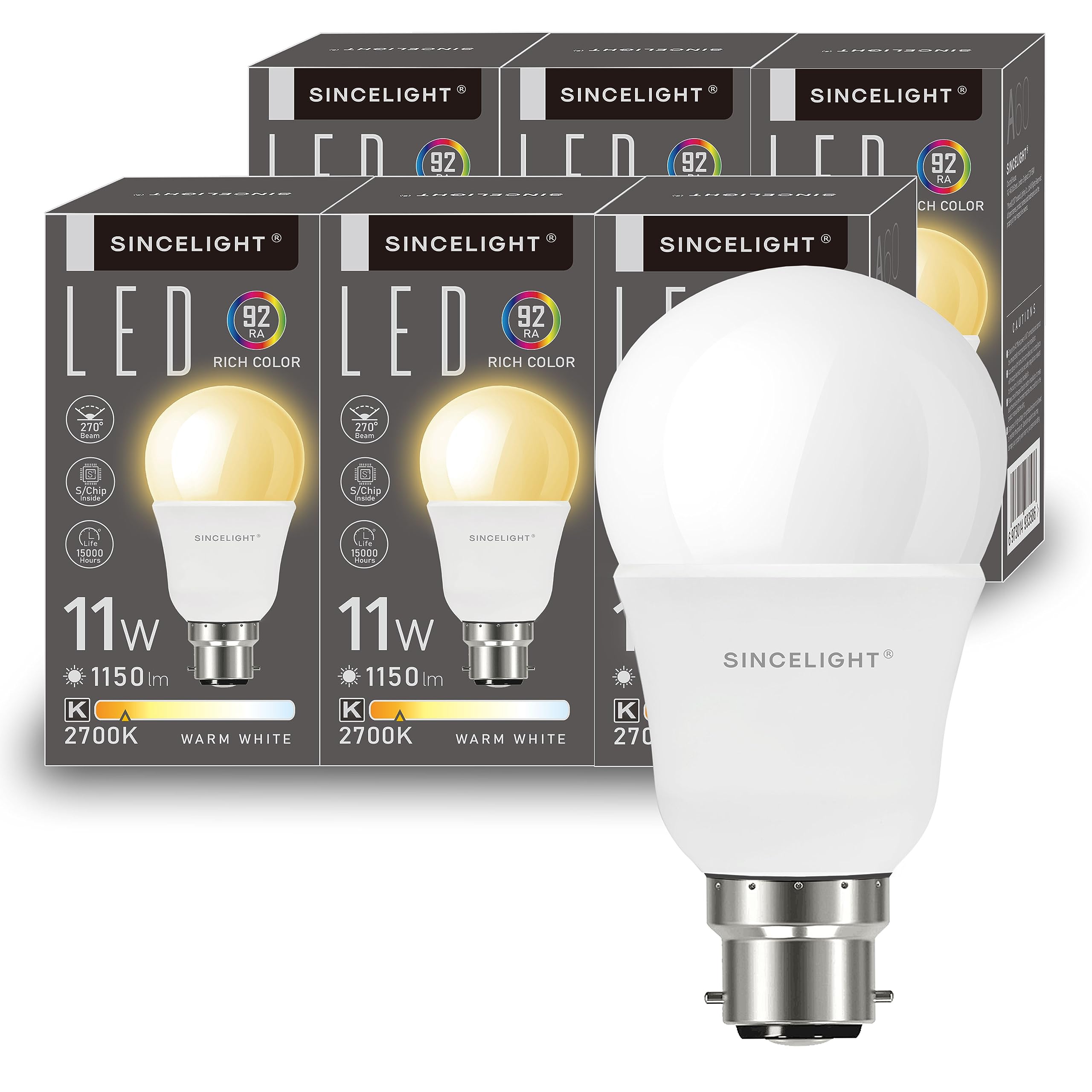 SINCELIGHT B22 LED Light Bulbs 11W,1150 Lumens (100W Incandescant Equivalent) Warm White 2700K, Bayonet Cap BC, GLS Energy Saving Lightbulbs, Pack of 6