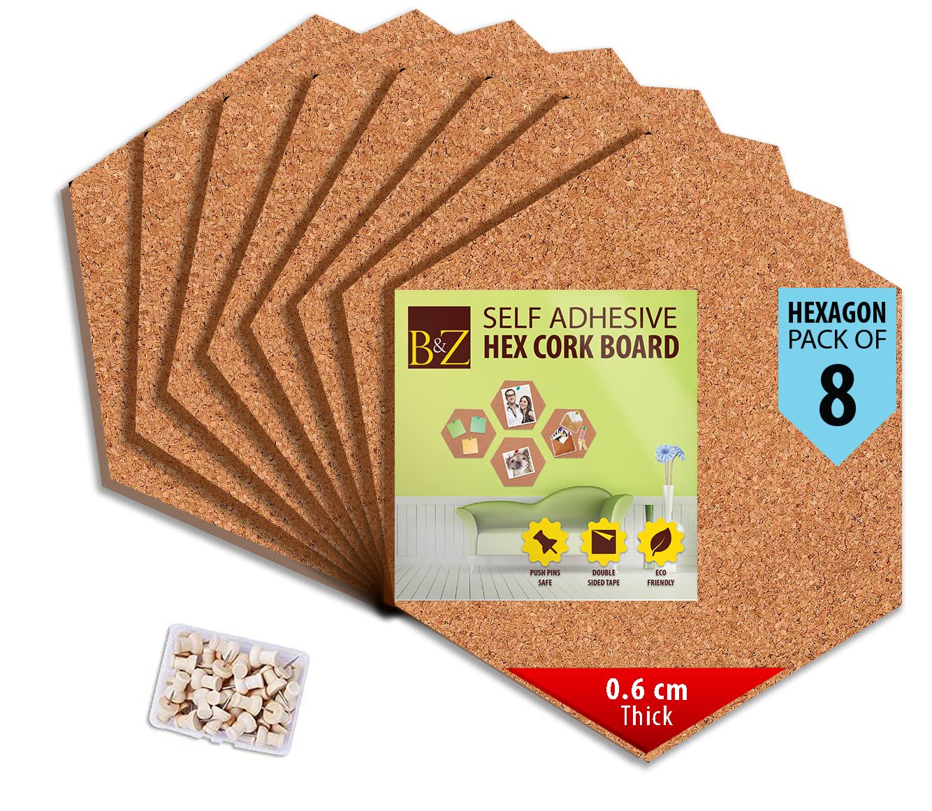 B&Z Self Adhesive Sticky Cork Board Hexagon Tiles Mini Wall Bulletin Boards Pin Message Notice Board Office Memo School Pinboard Wooden Push Pin Hexagon Rounded Curves (30cm x 26cm x 0.6cm) (8)