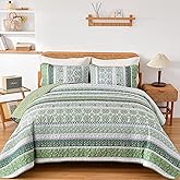 WONGS BEDDING Boho Quilt Set King Size, Green Bohemian 3 Pieces Quilt Sets, Lightweight Bedspread Coverlet Bedding Set for All Season (104"x90")