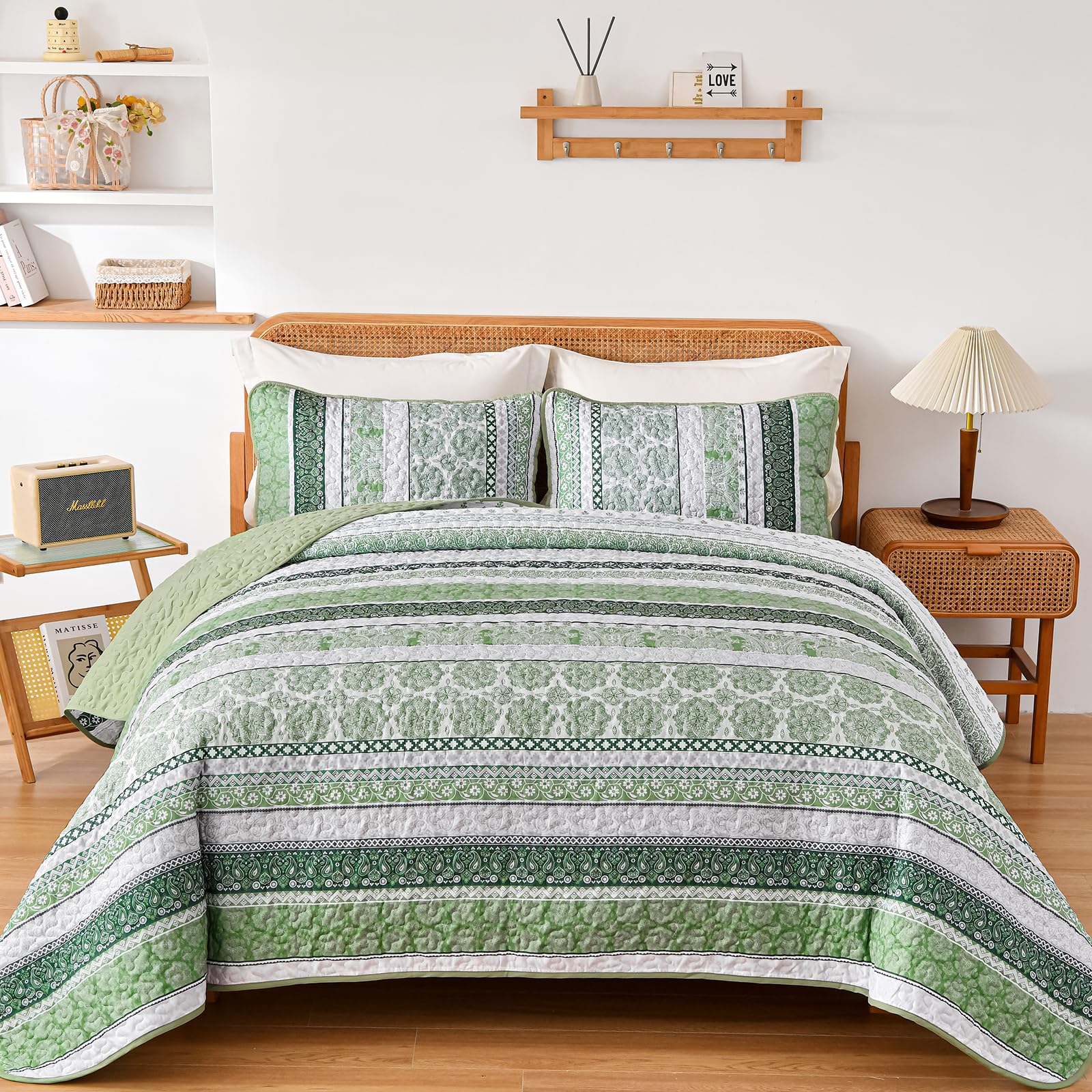 WONGS BEDDING Boho Quilt Set King Size, Green Bohemian 3 Pieces Quilt Sets, Lightweight Bedspread Coverlet Bedding Set for All Season (104"x90") Image