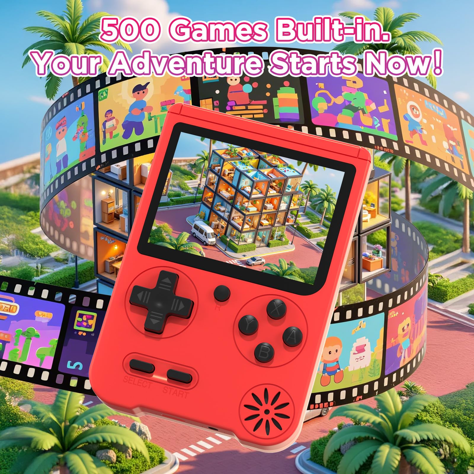 Handheld Games Console, Built-in 500 Video Games, Portable Video Gaming Player with 3.0 Inch lPS Screen，Rechargeable Portable Electronic Gaming System, Pocket Mini Arcade, Red