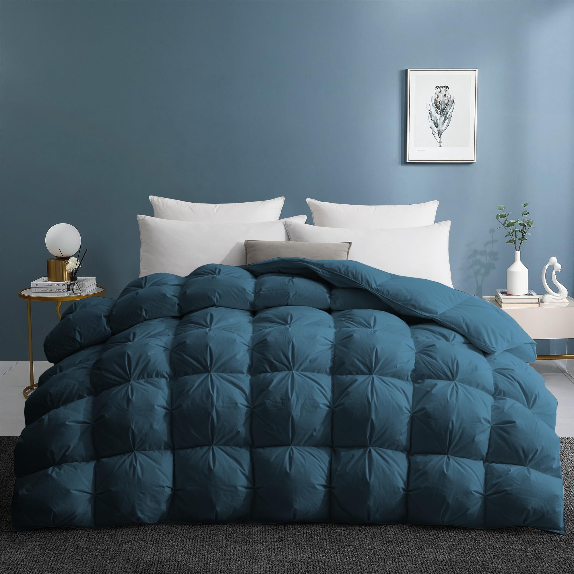 Photo 1 of UNIKOME Goose Feather Down Comforter with Pinch Pleat Design - 20% Extra Fill, 116oz, All Season Duvet Insert with Cotton Cover, Cloud-Like Fluffiness Down Fiber Comforters (Navy, Cal King, 108"X94")