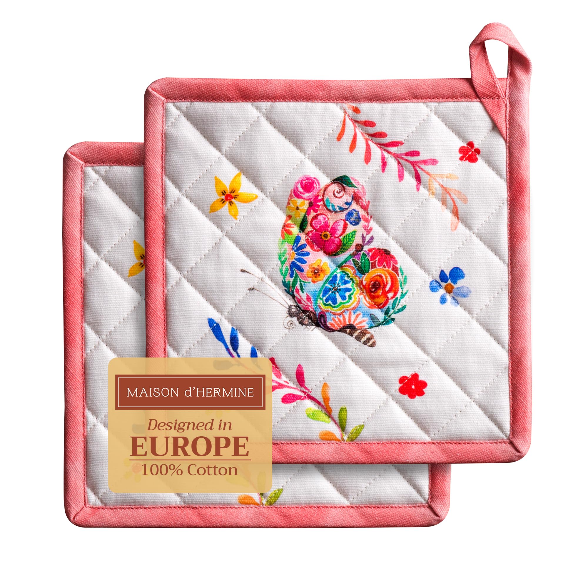 Maison d' Hermine Pot Holders Set 100% Cotton Heat Resistant Potholders 20 cm x 20 cm Hot Pads with Loop for Baking Handling Hot Pans Gifts for Mothers Day (Pack of 2, Happy Florals - High Summer)