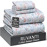 RUVANTI 100% Cotton Sheets Queen Size Bed Set - 300 Thread Count Silky Soft Sateen Weave, Cooling, Lightweight & Breathable, 16" Deep Pocket, Durable & Luxury Satin-Like, 4 Piece, Pastel Hit