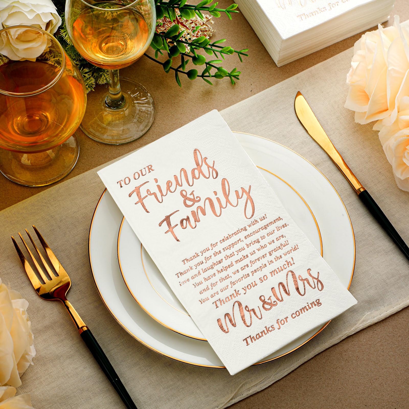Photo 1 of 100 Pcs Wedding Napkins Mr & Mrs Dinner Napkins for Reception Disposable Decorative Towels for Wedding Shower Banquet Rehearsal Dinner Decor (Rose Gold)