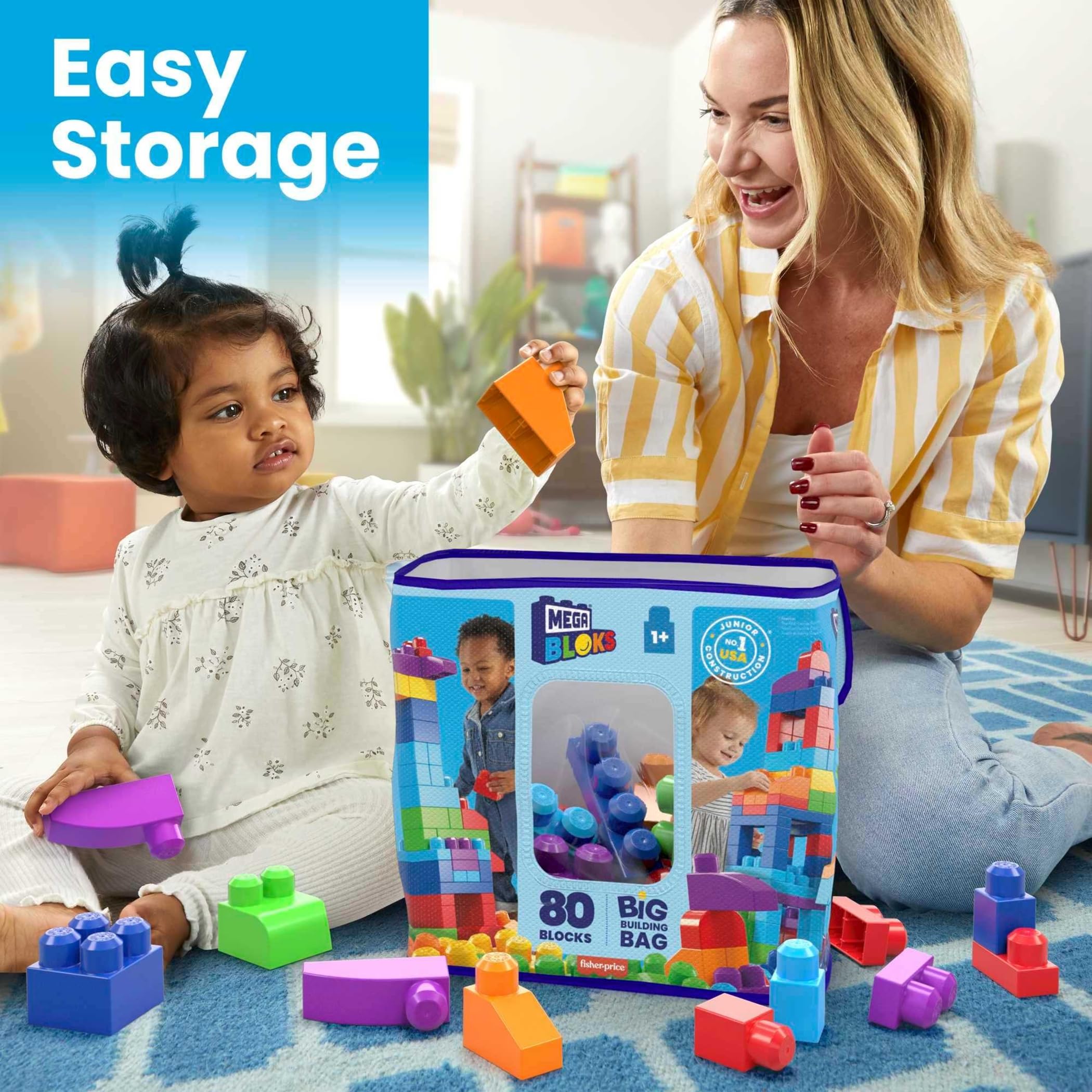 MEGA BLOKS First Builders Juego de juguetes de bloques para niños pequeños, bolsa de construcción grande con 80 piezas y almacenamiento, azul, a partir de 1 año MEGA BLOKS First Builders Juego de juguetes de bloques para niños pequeños, bolsa de construcción grande con 80 piezas y almacenamiento, azul, a partir de 1 año