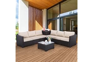 WAROOM Patio PE Wicker Furniture Set 6 Piece Outdoor Brown Rattan Sectional Loveseat Couch Conversation Sofa Chair with Storage Box and Glass Top Coffee Table, Non-Slip Khaki Cushion