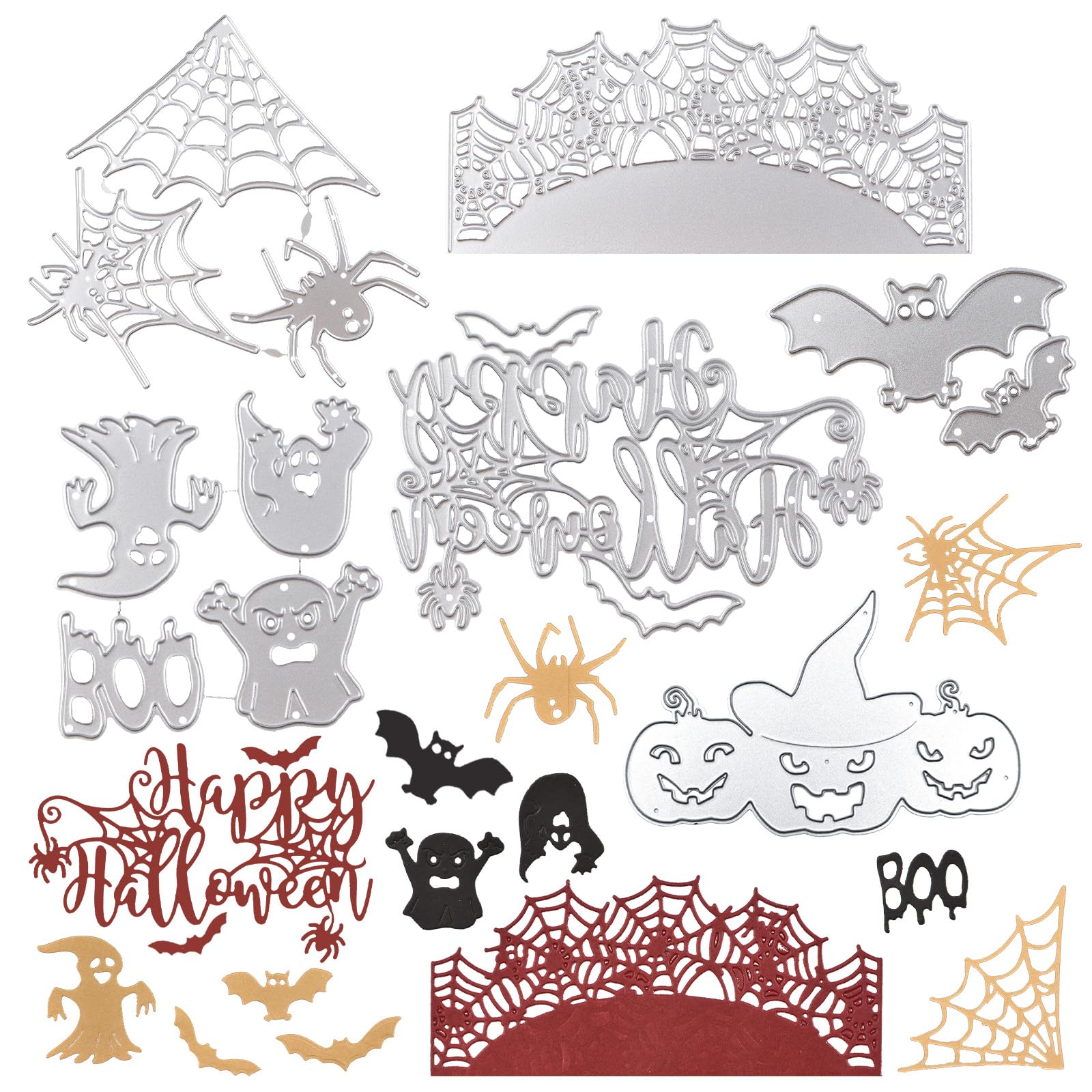 URROMA 6 PCS Halloween Metal Cutting Dies, Cutting Die Embossing Cuts Stencil Ghost Bat Pumpkin Cobweb Word Pattern Cutting Dies for Paper Card Making Decoration DIY Scrapbooking Album Craft Decor
