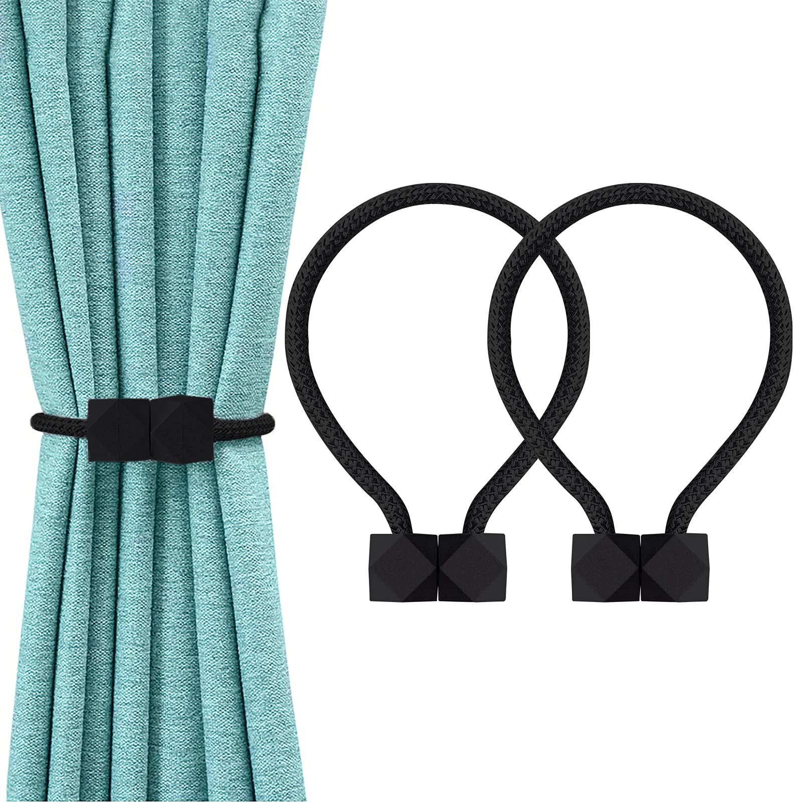 2 Pcs Magnetic Curtain Tie Backs, European Curtain Tiebacks Curtain Holdbacks Modern Simple Style Drape Tie Backs, Magnetic Curtain Buckle Clips for Home Hotel Office Window Drapery Decoration (Black)
