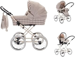Friedrich Hugo Natureline Checked | 3 in 1 Kombi Kinderwagen Komplettset | Öko Nostalgie Kinderwagen | Farbe: Claudette Creme