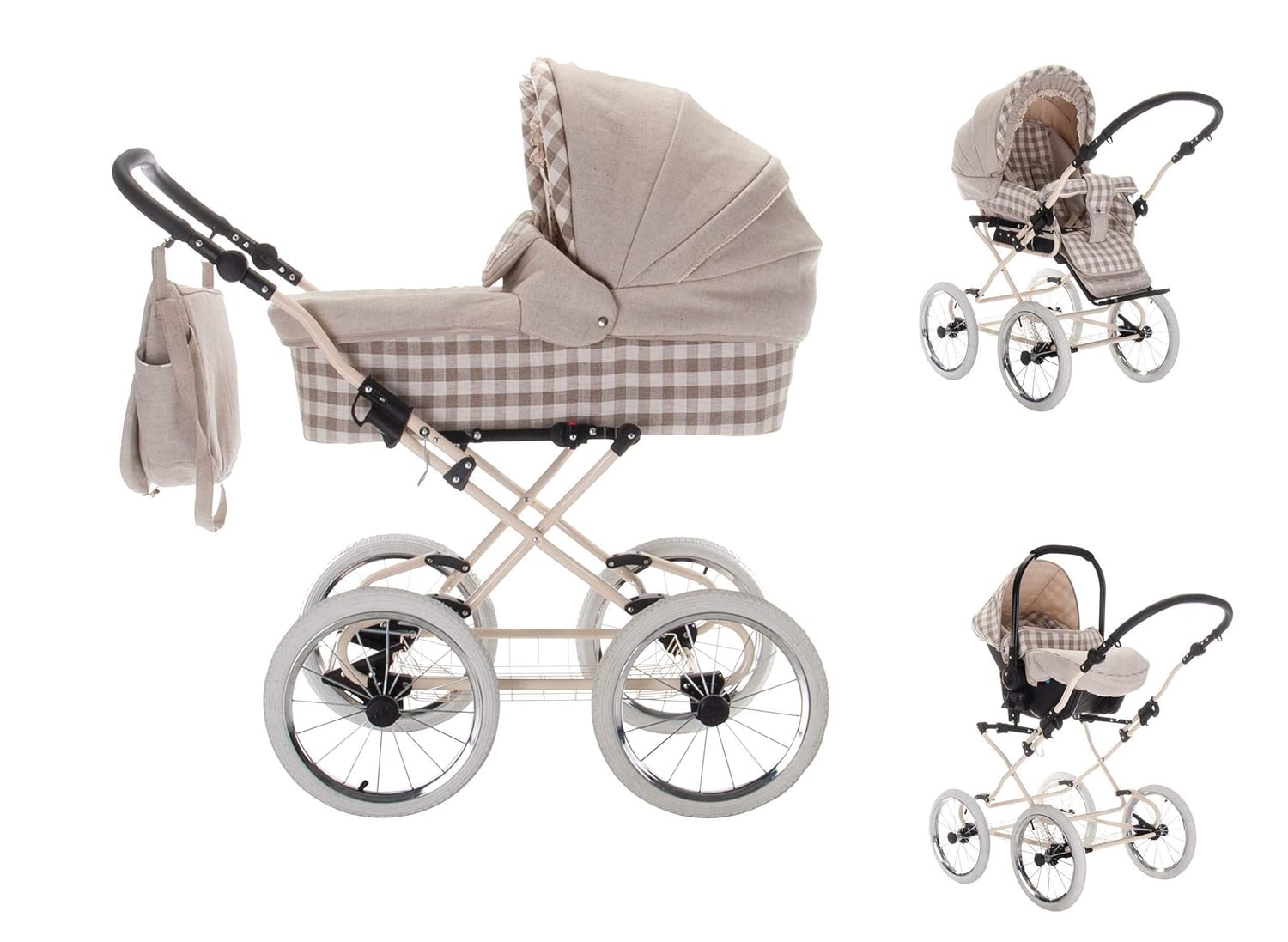 Friedrich Hugo Natureline Checked | 3 in 1 Kombi Kinderwagen Komplettset | Öko Nostalgie Kinderwagen | Farbe: Claudette Creme