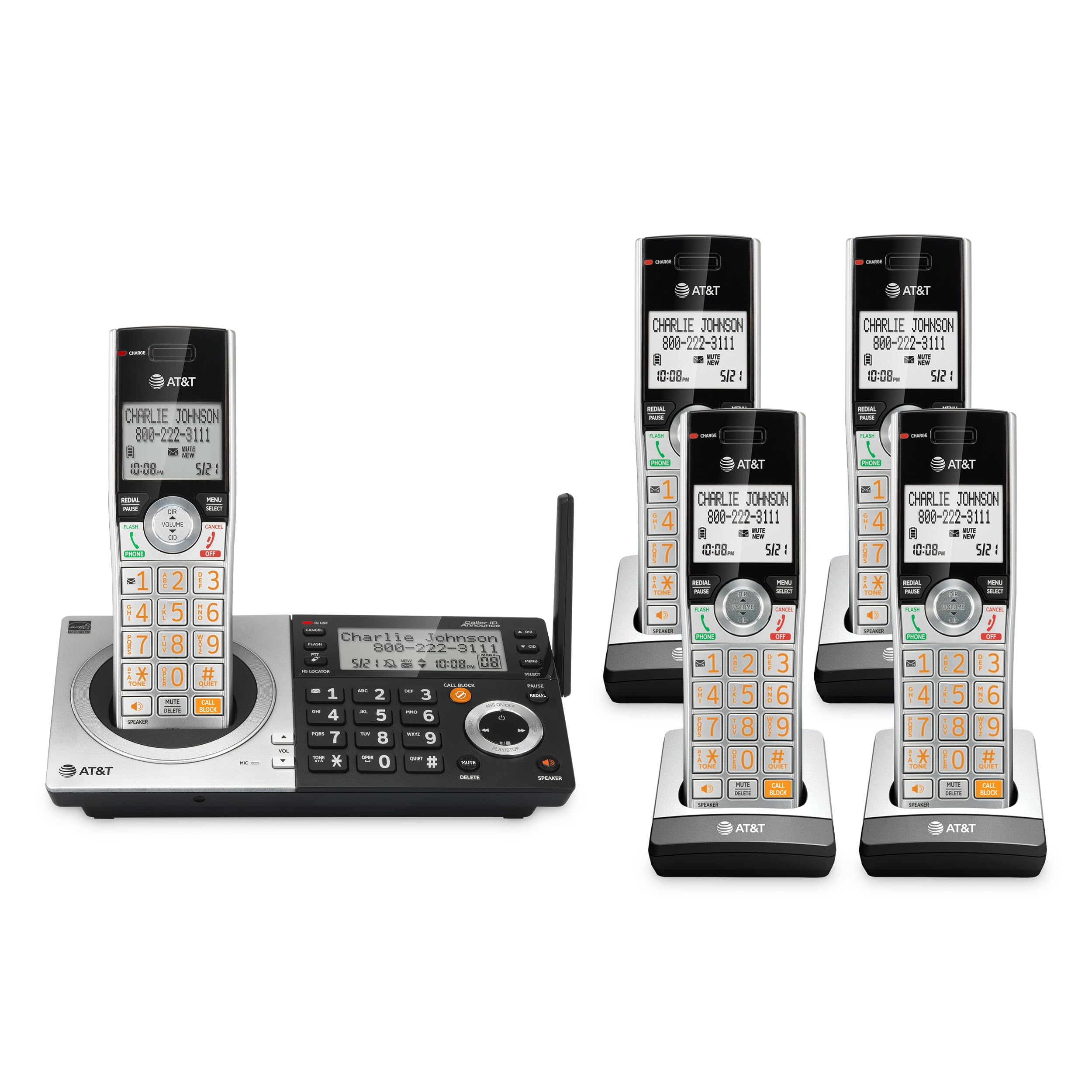 Photo 1 of AT&T CL83507 DECT 6.0 5-Handset Cordless Phone for Home with Dual Keypad Base, Answering Machine, Call Blocking, Caller ID Announcer, Intercom and Long Range, Silver/Black