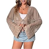Floerns Women's Plus Size V Neck Long Flounce Sleeve Tie Front Knit Crop Cardigan
