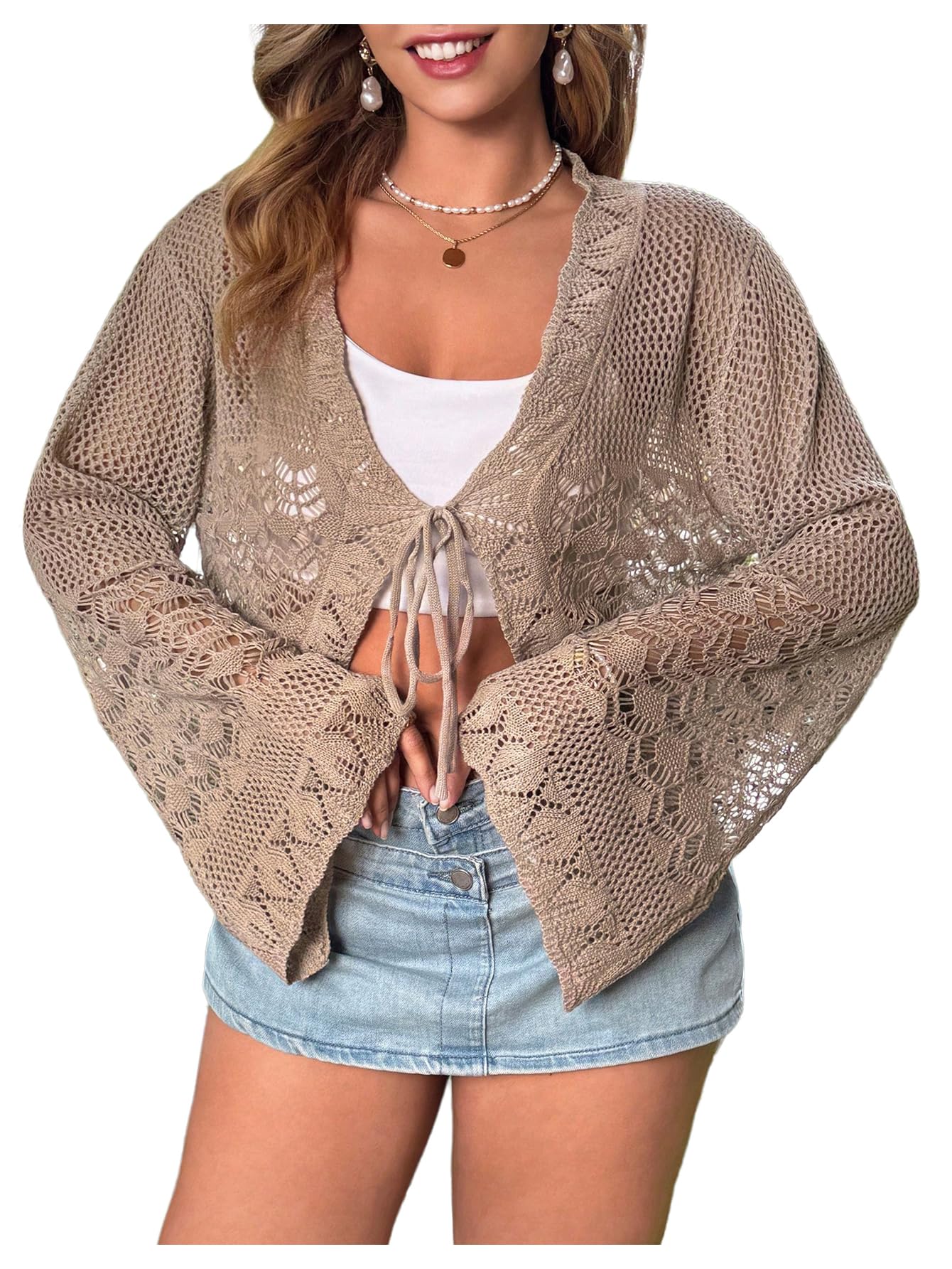 Photo 1 of BEAUDRM Women's Plus Size Hollow Out Cardigans Sweater V Neck Tie Front Cardigan Crop Tops Summer Beach Crochet Cover Up Khaki X-Large Plus