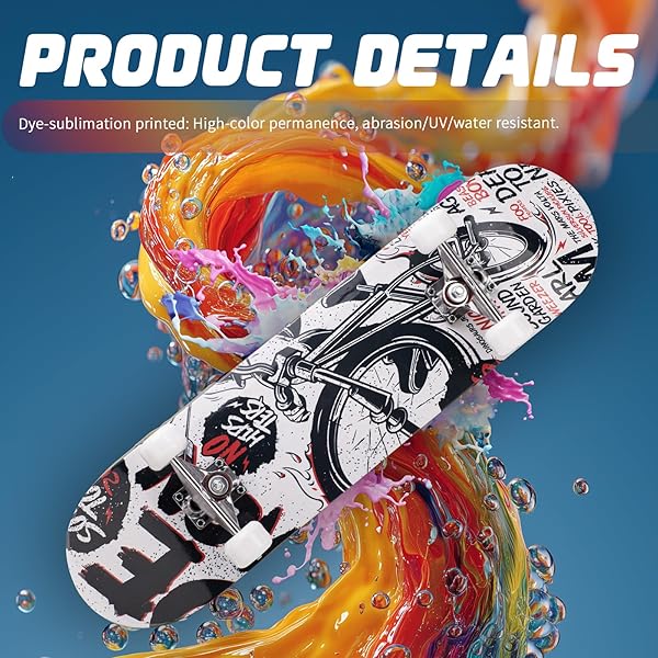 PROFESSIONAL DOUBLE KICK SKATEBOARD, 31 INCH MAPLE DECK, ABEC-9 BEARINGS, 95A PU WHEELS, CUSTOM GRAPHIC DESIGN (BICYCLE, 31IN)