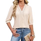 Blooming Jelly Womens Dressy Casual Blouse V Neck Lace Business Work Tops Short Sleeve Summer Shirts