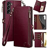 XcaseBar for Samsung Galaxy S22 Plus Wallet case with Zipper Credit Card Holder【RFID Blocking】, Flip Folio Book PU Leather Phone case Shockproof Cover Women Men for S22 Plus case Wine Red