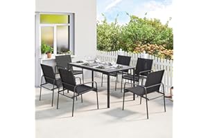 Outsunny 7 Pieces Outdoor Dining Set for 6, Faux Wood Patio Table and Chairs with Breathable Mesh Seat, Patio Furniture Set w