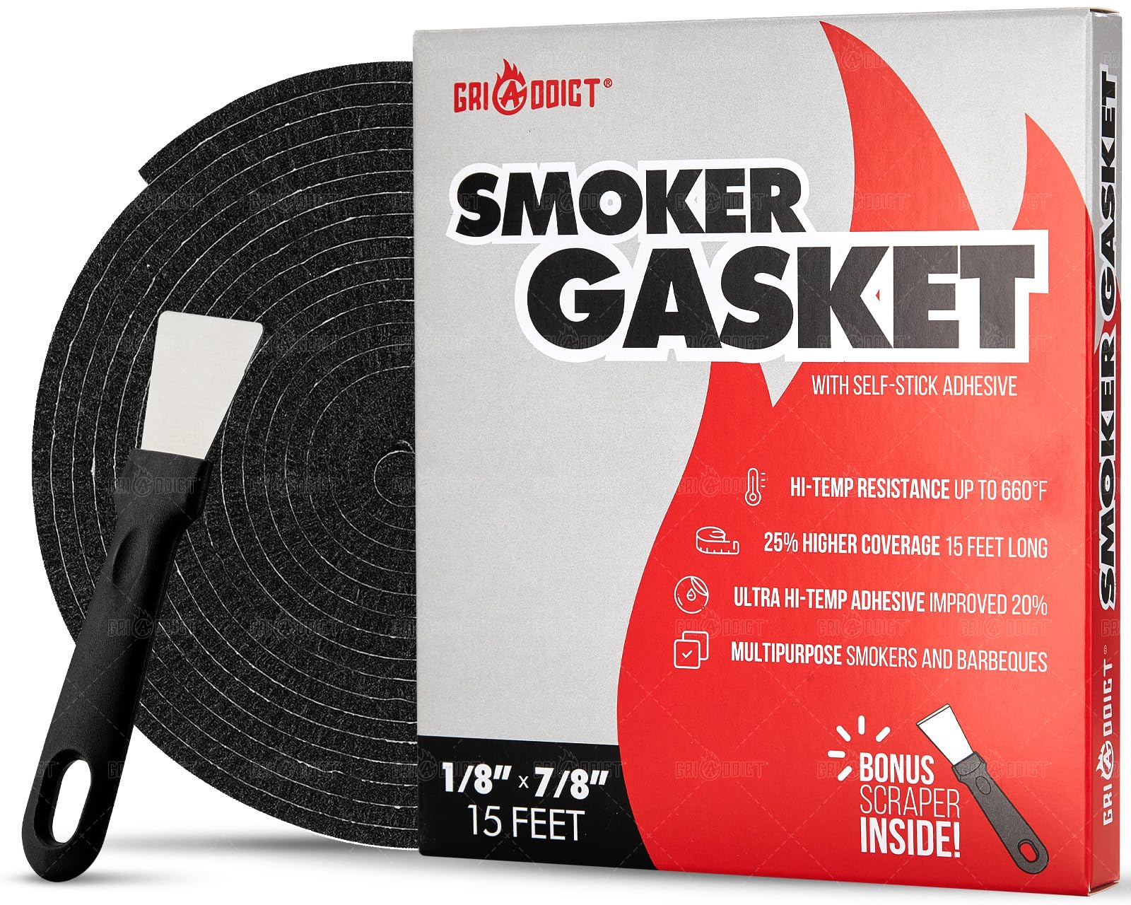 GriAddict Big Green Egg Grill Seal Gasket Kits for Large, XL, XXL Lid and Top - 15 Ft, 7/8 x 1/8 with a Free Scraper. BBQ Essential Parts to Keep Heat Locked. BGE Smoker G