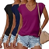 Huukeay 3 Pack Women’s V Neck T Shirts, Cap Sleeve Summer Casual Tops Loose Fit Short Sleeve Tees 2025 Trendy Shirts